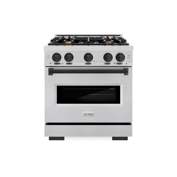 ZLINE Autograph Edition 30 in. 4.2 cu. ft. Classic Dual Fuel Range with 4 Burner Gas Cooktop and Electric Convection Oven in Stainless Steel with Matte Black Accents, Open Box-Great Condition