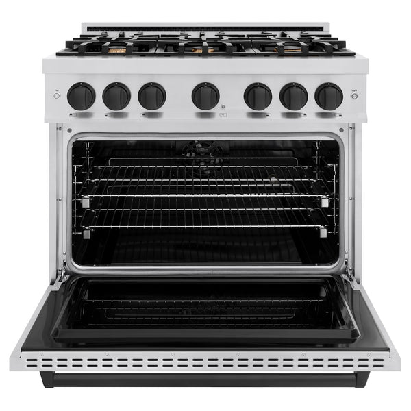 ZLINE Autograph Edition 36 in. 5.2 cu. ft. Classic Dual Fuel Range with 6 Burner Gas Cooktop and Electric Convection Oven in Stainless Steel with Matte Black Accents, Open Box-Great Condition
