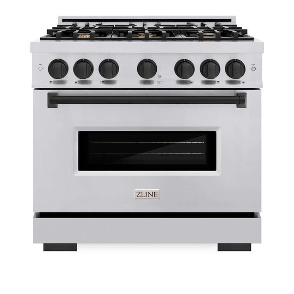 ZLINE Autograph Edition 36 in. 5.2 cu. ft. Classic Dual Fuel Range with 6 Burner Gas Cooktop and Electric Convection Oven in Stainless Steel with Matte Black Accents, Open Box-Good Condition