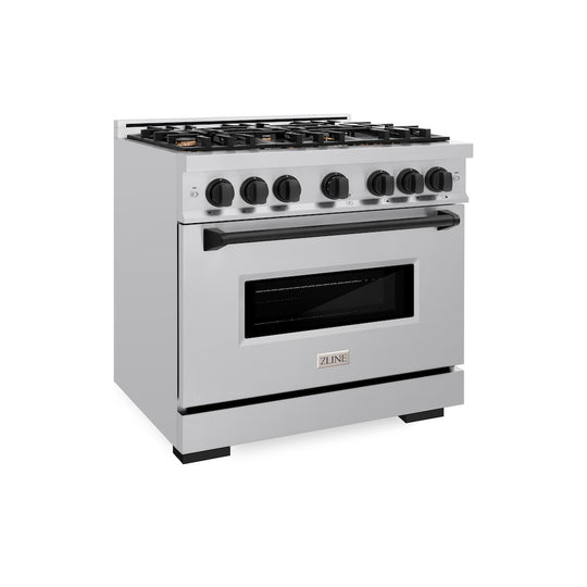 ZLINE Autograph Edition 36 in. 5.2 cu. ft. Classic Dual Fuel Range with 6 Burner Gas Cooktop and Electric Convection Oven in Stainless Steel with Matte Black Accents, Open Box-Great Condition