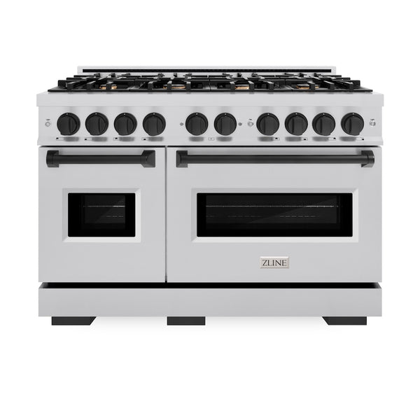 ZLINE Autograph Edition 48 in. 6.7 cu. ft. Classic Double Oven Dual Fuel Range with 8 Burner Gas Cooktop in Stainless Steel and Matte Black Accents, Open Box-Great Condition