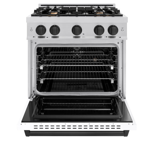 ZLINE Autograph Edition 30 in. 4.2 cu. ft. Classic Dual Fuel Range with 4 Burner Gas Cooktop and Electric Convection Oven in Stainless Steel with White Matte Door and Matte Black Accents, Open Box-Great Condition