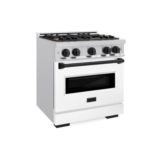 ZLINE Autograph Edition 30 in. 4.2 cu. ft. Classic Dual Fuel Range with 4 Burner Gas Cooktop and Electric Convection Oven in Stainless Steel with White Matte Door and Matte Black Accents, Open Box-Great Condition