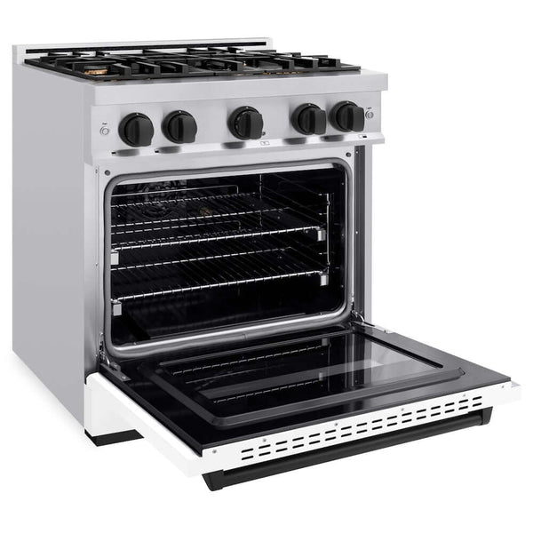ZLINE Autograph Edition 30 in. 4.2 cu. ft. Classic Dual Fuel Range with 4 Burner Gas Cooktop and Electric Convection Oven in Stainless Steel with White Matte Door and Matte Black Accents, Open Box-Good Condition