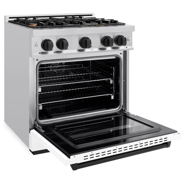 ZLINE Autograph Edition 30 in. 4.2 cu. ft. Classic Dual Fuel Range with 4 Burner Gas Cooktop and Electric Convection Oven in Stainless Steel with White Matte Door and Matte Black Accents, Open Box-Great Condition