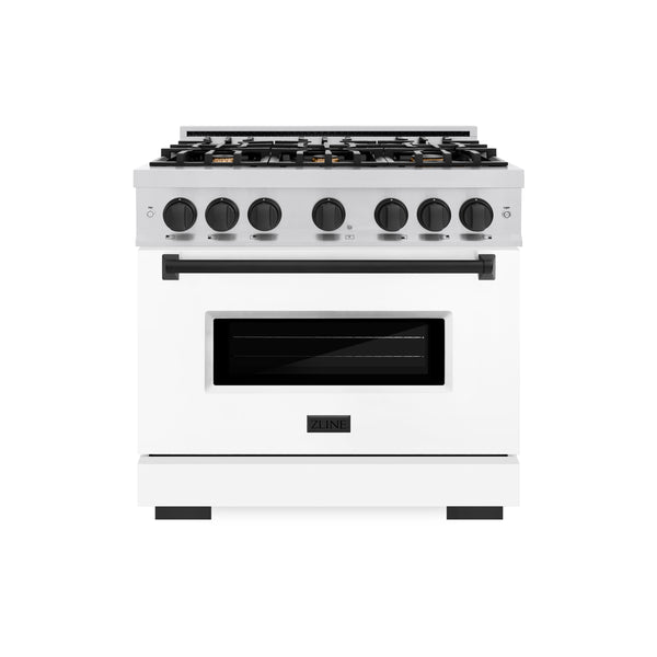 ZLINE Autograph Edition 36 in. 5.2 cu. ft. Classic Dual Fuel Range with 6 Burner Gas Cooktop and Electric Convection Oven in Stainless Steel with White Matte Door and Matte Black Accents, Open Box-Great Condition