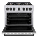ZLINE Autograph Edition 36 in. 5.2 cu. ft. Classic Dual Fuel Range with 6 Burner Gas Cooktop and Electric Convection Oven in Stainless Steel with White Matte Door and Matte Black Accents, Open Box-Good Condition