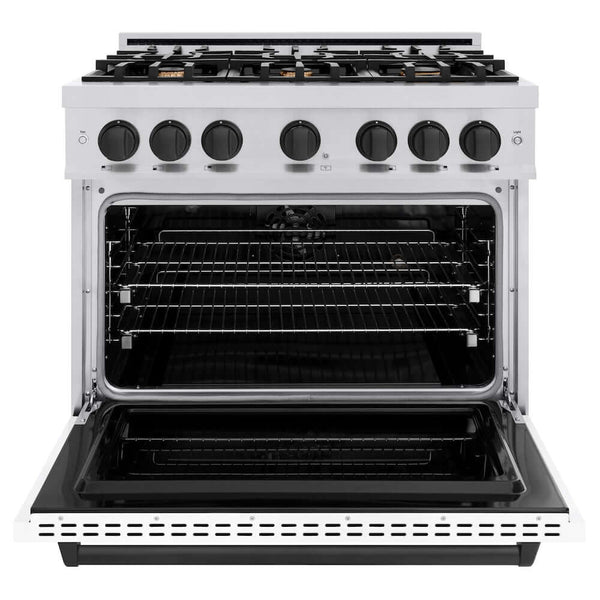 ZLINE Autograph Edition 36 in. 5.2 cu. ft. Classic Dual Fuel Range with 6 Burner Gas Cooktop and Electric Convection Oven in Stainless Steel with White Matte Door and Matte Black Accents, Open Box-Good Condition