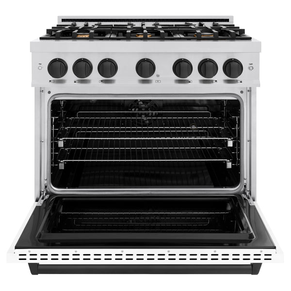 ZLINE Autograph Edition 36 in. 5.2 cu. ft. Classic Dual Fuel Range with 6 Burner Gas Cooktop and Electric Convection Oven in Stainless Steel with White Matte Door and Matte Black Accents (CDRZ-WM-36-MB)