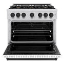 ZLINE Autograph Edition 36 in. 5.2 cu. ft. Classic Dual Fuel Range with 6 Burner Gas Cooktop and Electric Convection Oven in Stainless Steel with White Matte Door and Matte Black Accents, Open Box-Great Condition