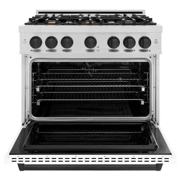 ZLINE Autograph Edition 36 in. 5.2 cu. ft. Classic Dual Fuel Range with 6 Burner Gas Cooktop and Electric Convection Oven in Stainless Steel with White Matte Door and Matte Black Accents, Open Box-Great Condition