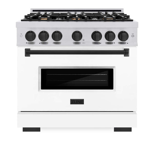 ZLINE Autograph Edition 36 in. 5.2 cu. ft. Classic Dual Fuel Range with 6 Burner Gas Cooktop and Electric Convection Oven in Stainless Steel with White Matte Door and Matte Black Accents, Open Box-Good Condition
