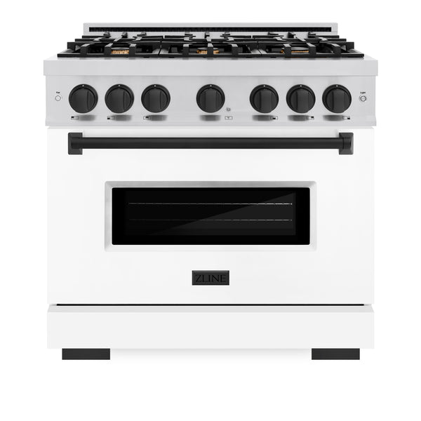 ZLINE Autograph Edition 36 in. 5.2 cu. ft. Classic Dual Fuel Range with 6 Burner Gas Cooktop and Electric Convection Oven in Stainless Steel with White Matte Door and Matte Black Accents, Open Box-Great Condition