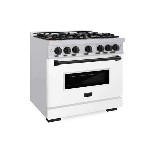 ZLINE Autograph Edition 36 in. 5.2 cu. ft. Classic Dual Fuel Range with 6 Burner Gas Cooktop and Electric Convection Oven in Stainless Steel with White Matte Door and Matte Black Accents, Open Box-Good Condition