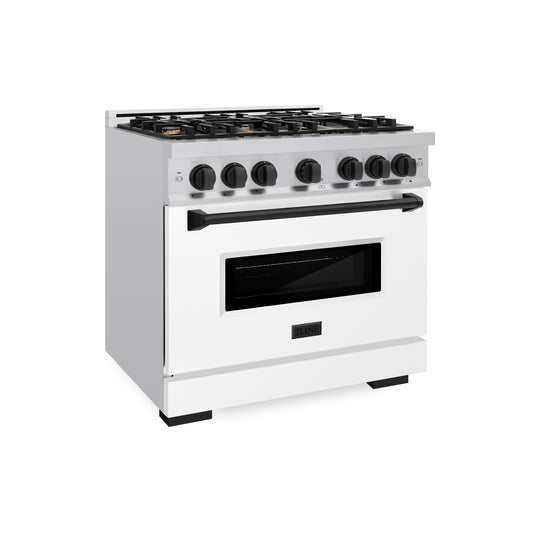 ZLINE Autograph Edition 36 in. 5.2 cu. ft. Classic Dual Fuel Range with 6 Burner Gas Cooktop and Electric Convection Oven in Stainless Steel with White Matte Door and Matte Black Accents, Open Box-Great Condition