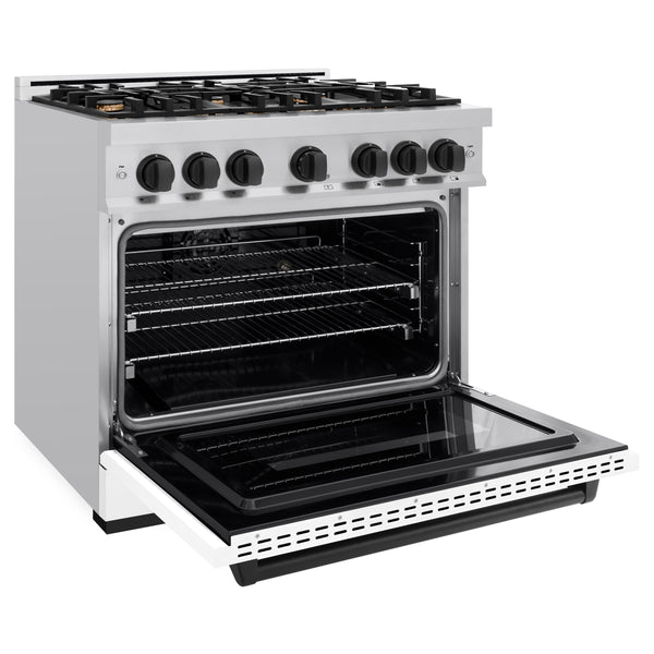 ZLINE Autograph Edition 36 in. 5.2 cu. ft. Classic Dual Fuel Range with 6 Burner Gas Cooktop and Electric Convection Oven in Stainless Steel with White Matte Door and Matte Black Accents, Open Box-Great Condition