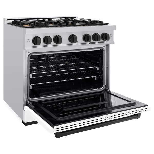 ZLINE Autograph Edition 36 in. 5.2 cu. ft. Classic Dual Fuel Range with 6 Burner Gas Cooktop and Electric Convection Oven in Stainless Steel with White Matte Door and Matte Black Accents, Open Box-Good Condition