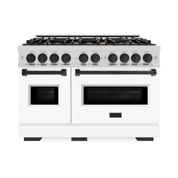 ZLINE Autograph Edition 48 in. 6.7 cu. ft. Classic Double Oven Dual Fuel Range with 8 Burner Gas Cooktop in Stainless Steel with White Matte Door and Matte Black Accents (CDRZ-WM-48-MB)