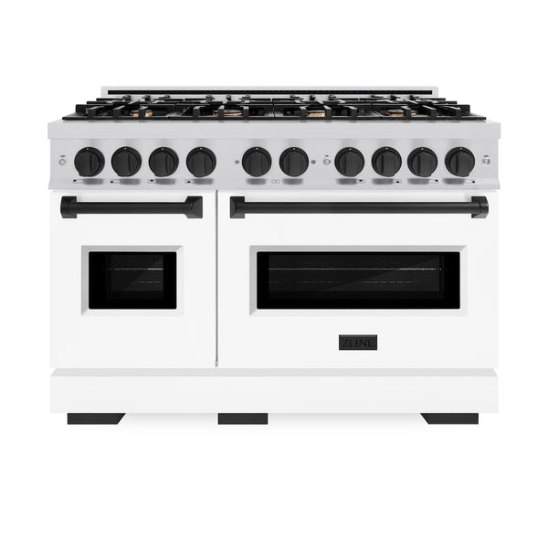 ZLINE Autograph Edition 48 in. 6.7 cu. ft. Classic Double Oven Dual Fuel Range with 8 Burner Gas Cooktop in Stainless Steel with White Matte Door and Matte Black Accents, Open Box-Great Condition
