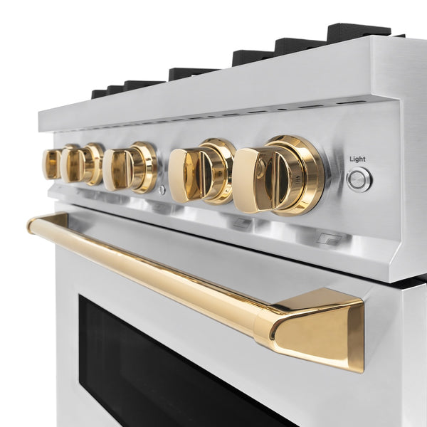 ZLINE Autograph Edition 30 in. 4.2 cu. ft. Classic Dual Fuel Range with 4 Burner Gas Cooktop and Electric Convection Oven in Stainless Steel with Polished Gold Accents, Open Box-Great Condition