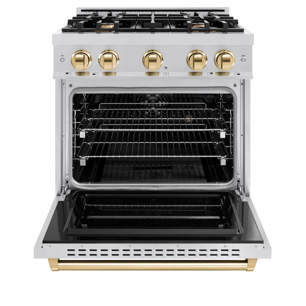 ZLINE Autograph Edition 30 in. 4.2 cu. ft. Classic Dual Fuel Range with 4 Burner Gas Cooktop and Electric Convection Oven in Stainless Steel with Polished Gold Accents, Open Box-Great Condition