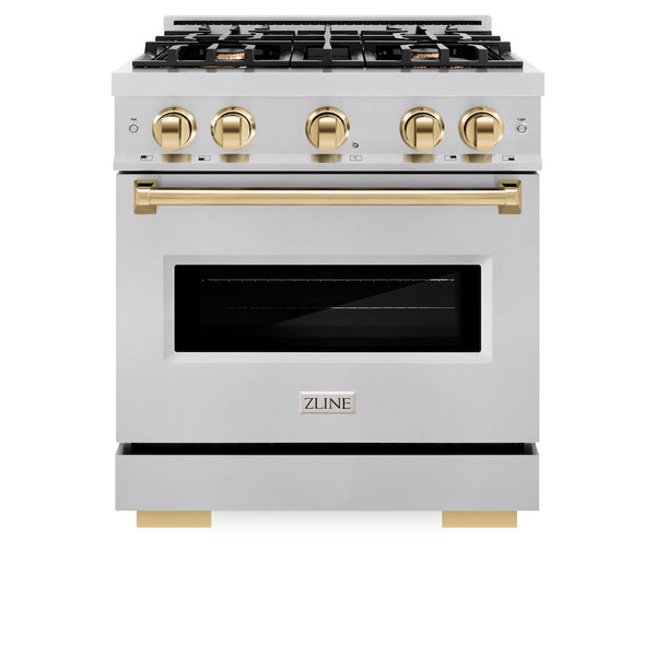 ZLINE Autograph Edition 30 in. 4.2 cu. ft. Classic Dual Fuel Range with 4 Burner Gas Cooktop and Electric Convection Oven in Stainless Steel with Polished Gold Accents, Open Box-Great Condition