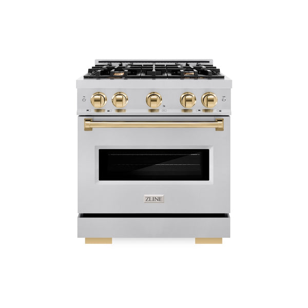 ZLINE Autograph Edition 30 in. 4.2 cu. ft. Classic Dual Fuel Range with 4 Burner Gas Cooktop and Electric Convection Oven in Stainless Steel with Polished Gold Accents, Open Box-Great Condition