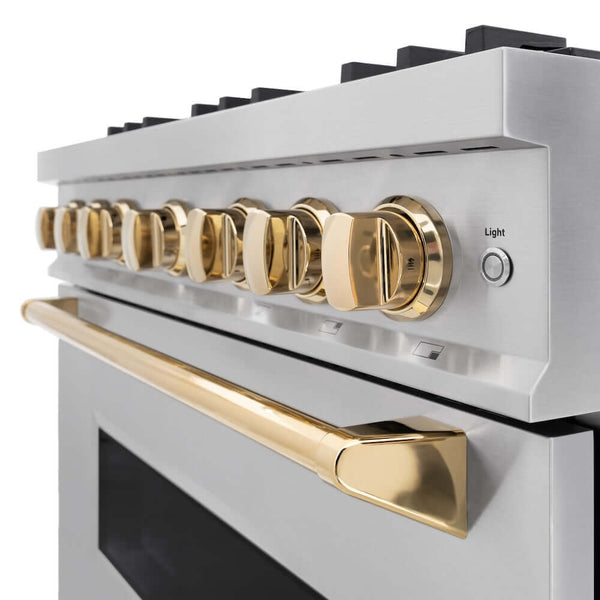ZLINE Autograph Edition 36 in. 5.2 cu. ft. Classic Dual Fuel Range with 6 Burner Gas Cooktop and Electric Convection Oven in Stainless Steel with Polished Gold Accents, Open Box-Good Condition