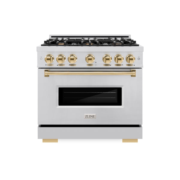 ZLINE Autograph Edition 36 in. 5.2 cu. ft. Classic Dual Fuel Range with 6 Burner Gas Cooktop and Electric Convection Oven in Stainless Steel with Polished Gold Accents, Open Box-Great Condition