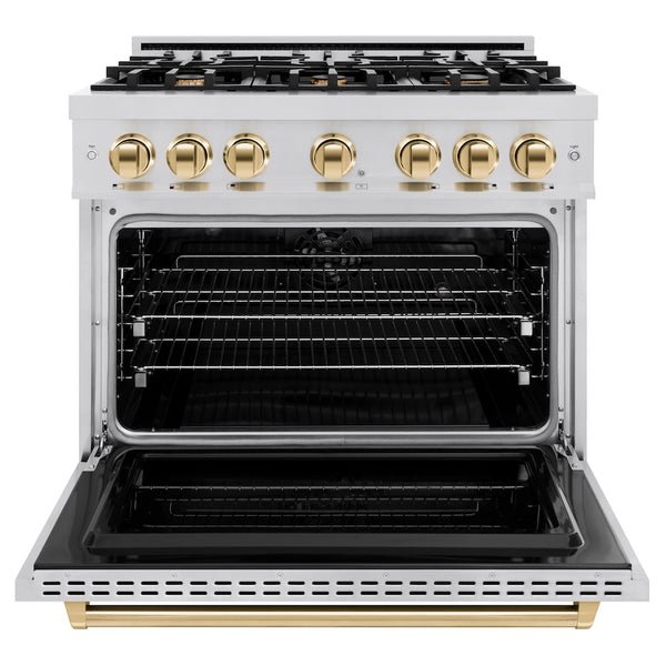 ZLINE Autograph Edition 36 in. 5.2 cu. ft. Classic Dual Fuel Range with 6 Burner Gas Cooktop and Electric Convection Oven in Stainless Steel with Polished Gold Accents, Open Box-Great Condition