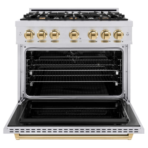 ZLINE Autograph Edition 36 in. 5.2 cu. ft. Classic Dual Fuel Range with 6 Burner Gas Cooktop and Electric Convection Oven in Stainless Steel with Polished Gold Accents, Open Box-Good Condition