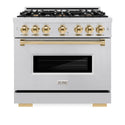 ZLINE Autograph Edition 36 in. 5.2 cu. ft. Classic Dual Fuel Range with 6 Burner Gas Cooktop and Electric Convection Oven in Stainless Steel with Polished Gold Accents, Open Box-Great Condition