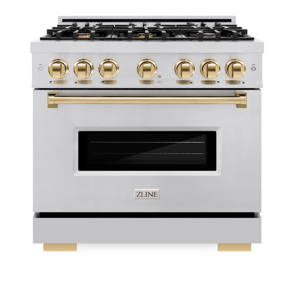 ZLINE Autograph Edition 36 in. 5.2 cu. ft. Classic Dual Fuel Range with 6 Burner Gas Cooktop and Electric Convection Oven in Stainless Steel with Polished Gold Accents, Open Box-Great Condition