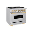 ZLINE Autograph Edition 36 in. 5.2 cu. ft. Classic Dual Fuel Range with 6 Burner Gas Cooktop and Electric Convection Oven in Stainless Steel with Polished Gold Accents, Open Box-Great Condition