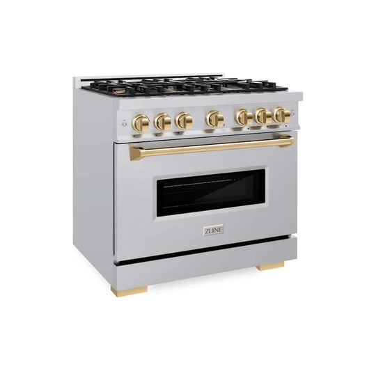 ZLINE Autograph Edition 36 in. 5.2 cu. ft. Classic Dual Fuel Range with 6 Burner Gas Cooktop and Electric Convection Oven in Stainless Steel with Polished Gold Accents, Open Box-Good Condition