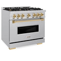 ZLINE Autograph Edition 36 in. 5.2 cu. ft. Classic Dual Fuel Range with 6 Burner Gas Cooktop and Electric Convection Oven in Stainless Steel with Polished Gold Accents, Open Box-Great Condition