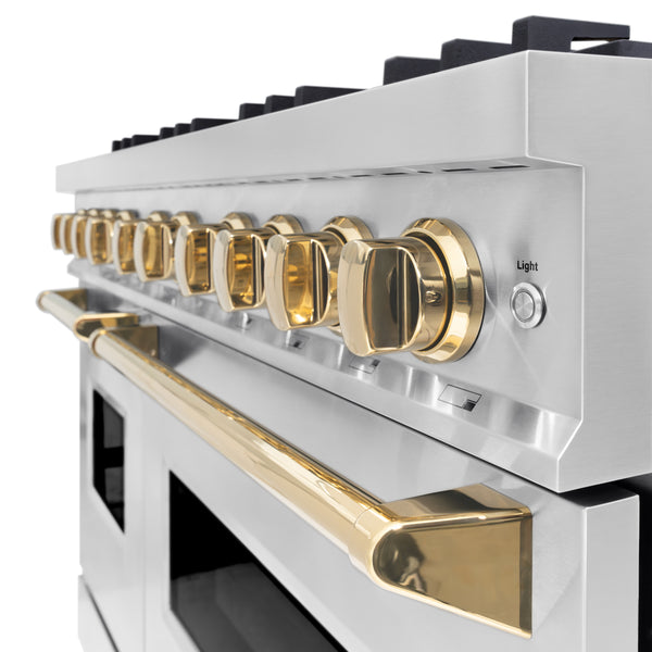 ZLINE Autograph Edition 48 in. 6.7 cu. ft. Classic Double Oven Dual Fuel Range with 8 Burner Gas Cooktop in Stainless Steel and Polished Gold Accents (CDRZ-48-G)