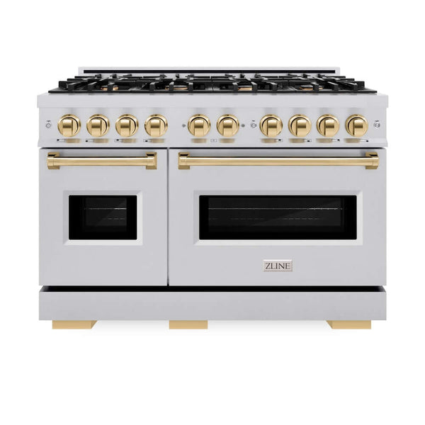 ZLINE Autograph Edition 48 in. 6.7 cu. ft. Classic Double Oven Dual Fuel Range with 8 Burner Gas Cooktop in Stainless Steel and Polished Gold Accents, Open Box-Good Condition