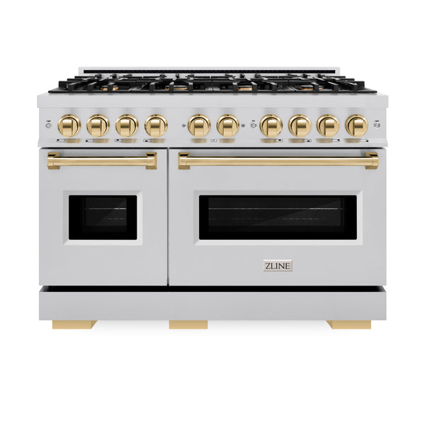 ZLINE Autograph Edition 48 in. 6.7 cu. ft. Classic Double Oven Dual Fuel Range with 8 Burner Gas Cooktop in Stainless Steel and Polished Gold Accents (CDRZ-48-G)