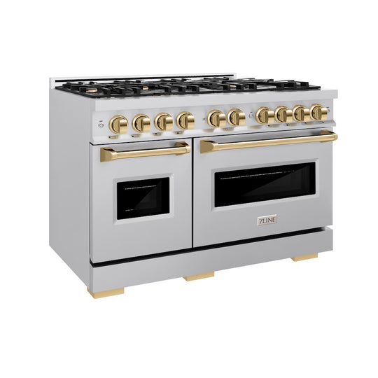 ZLINE Autograph Edition 48 in. 6.7 cu. ft. Classic Double Oven Dual Fuel Range with 8 Burner Gas Cooktop in Stainless Steel and Polished Gold Accents, Open Box-Great Condition