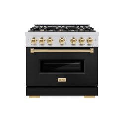 ZLINE Autograph Edition 36 in. 5.2 cu. ft. Classic Dual Fuel Range with 6 Burner Gas Cooktop and Electric Convection Oven in Stainless Steel with Black Matte Door and Polished Gold Accents (CDRZ-BLM-36-G)