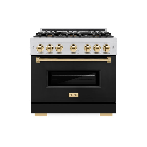 ZLINE Autograph Edition 36 in. 5.2 cu. ft. Classic Dual Fuel Range with 6 Burner Gas Cooktop and Electric Convection Oven in Stainless Steel with Black Matte Door and Polished Gold Accents, Open Box-Great Condition