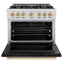 ZLINE Autograph Edition 36 in. 5.2 cu. ft. Classic Dual Fuel Range with 6 Burner Gas Cooktop and Electric Convection Oven in Stainless Steel with Black Matte Door and Polished Gold Accents, Open Box-Good Condition