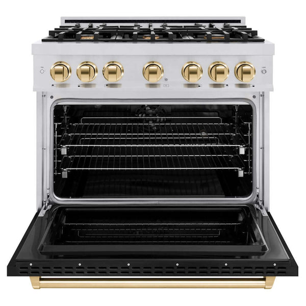 ZLINE Autograph Edition 36 in. 5.2 cu. ft. Classic Dual Fuel Range with 6 Burner Gas Cooktop and Electric Convection Oven in Stainless Steel with Black Matte Door and Polished Gold Accents, Open Box-Good Condition