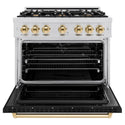 ZLINE Autograph Edition 36 in. 5.2 cu. ft. Classic Dual Fuel Range with 6 Burner Gas Cooktop and Electric Convection Oven in Stainless Steel with Black Matte Door and Polished Gold Accents, Open Box-Great Condition