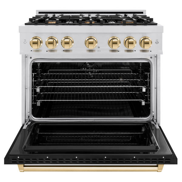ZLINE Autograph Edition 36 in. 5.2 cu. ft. Classic Dual Fuel Range with 6 Burner Gas Cooktop and Electric Convection Oven in Stainless Steel with Black Matte Door and Polished Gold Accents, Open Box-Great Condition