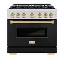 ZLINE Autograph Edition 36 in. 5.2 cu. ft. Classic Dual Fuel Range with 6 Burner Gas Cooktop and Electric Convection Oven in Stainless Steel with Black Matte Door and Polished Gold Accents, Open Box-Good Condition