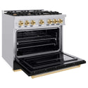 ZLINE Autograph Edition 36 in. 5.2 cu. ft. Classic Dual Fuel Range with 6 Burner Gas Cooktop and Electric Convection Oven in Stainless Steel with Black Matte Door and Polished Gold Accents, Open Box-Good Condition