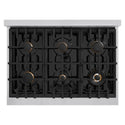 ZLINE Autograph Edition 36 in. 5.2 cu. ft. Classic Dual Fuel Range with 6 Burner Gas Cooktop and Electric Convection Oven in Stainless Steel with Black Matte Door and Polished Gold Accents (CDRZ-BLM-36-G)