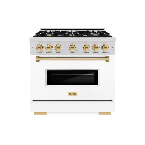 ZLINE Autograph Edition 36 in. 5.2 cu. ft. Classic Dual Fuel Range with 6 Burner Gas Cooktop and Electric Convection Oven in Stainless Steel with White Matte Door and Polished Gold Accents, Open Box-Great Condition
